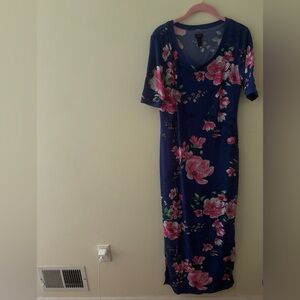 New G.I.L.I Blue & Pink Floral Short Sleeve Midi Dress w/ Side Slits & Slip